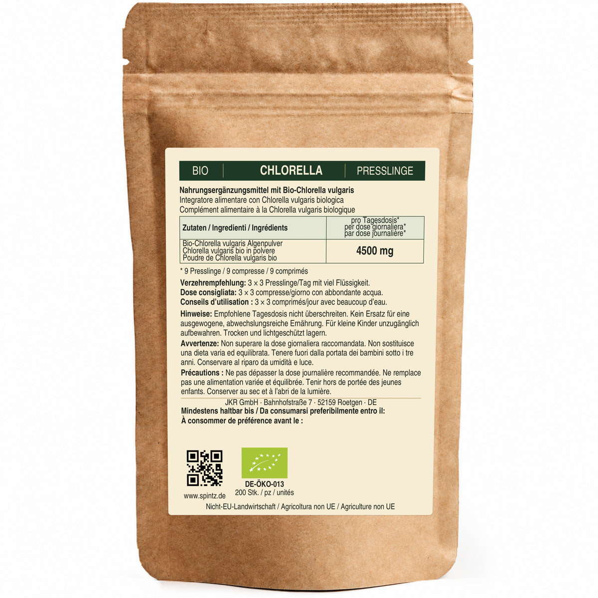 Rückseite der SPINTZ Bio-Chlorella-Presslinge mit Zutaten, Verzehrempfehlung, Lagerhinweisen und EU-Bio-Siegel.