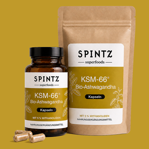 SPINTZ Bio KSM-66 Ashwagandha Kapseln mit 5 % Withanoliden in Glasflasche und Doypack