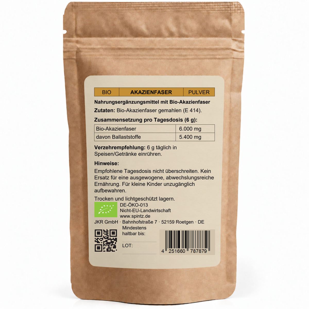 Rückseite SPINTZ Bio Akazienfaser Pulver mit deutschen Zutaten, Tagesdosis und NEM-Hinweisen; packungsgrößenneutrale Darstellung