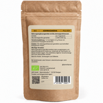 Rückseite SPINTZ Bio Ashwagandha Pulver mit deutschen Zutaten, Tagesdosis, NEM- und Leberhinweis; packungsgrößenneutrale Darstellung
