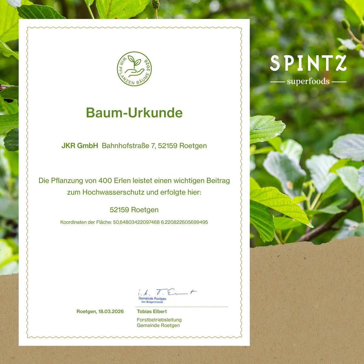 Baum-Urkunde für die von SPINTZ unterstützte Pflanzung von Bäumen