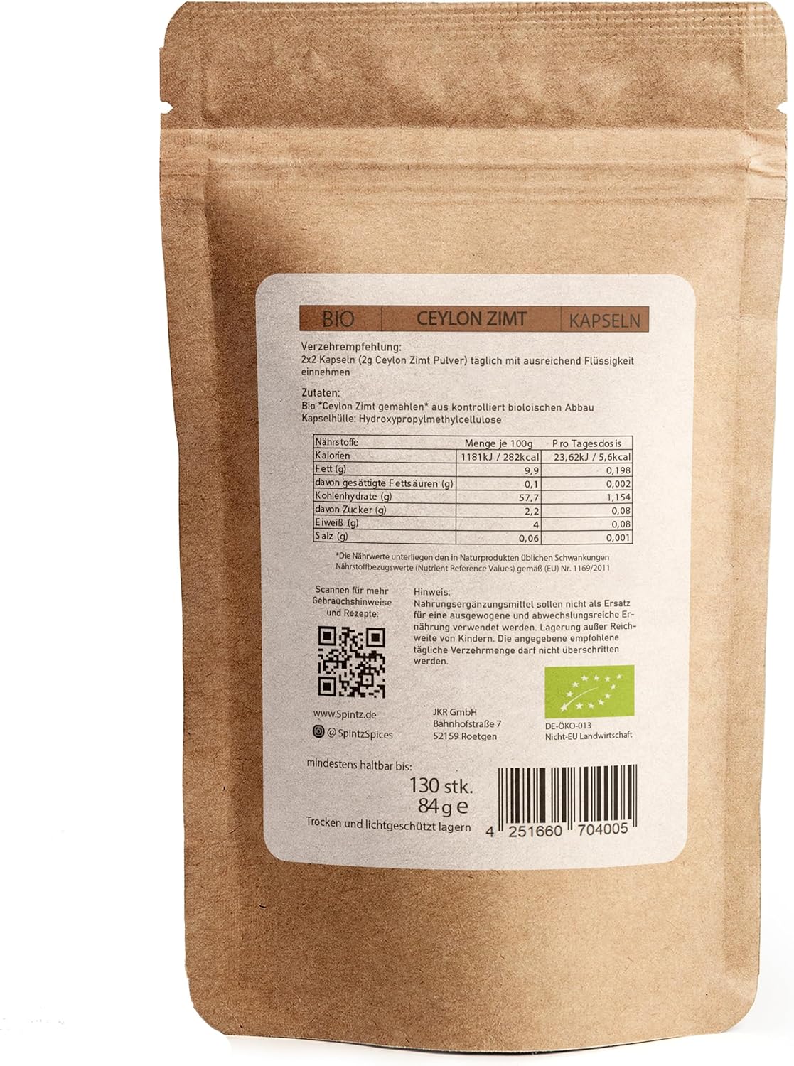 Rückseite der SPINTZ Bio Zimt Kapseln Verpackung mit Zutaten, Bio-Siegel und Nährwerttabelle