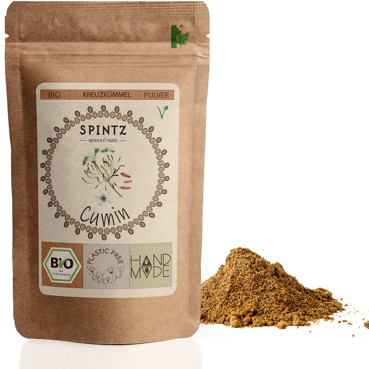 SPINTZ Bio Cumin gemahlen im nachhaltigen Doypack – fein gemahlenes Kreuzkümmelpulver aus kontrolliert biologischem Anbau, handverpackt und vegan