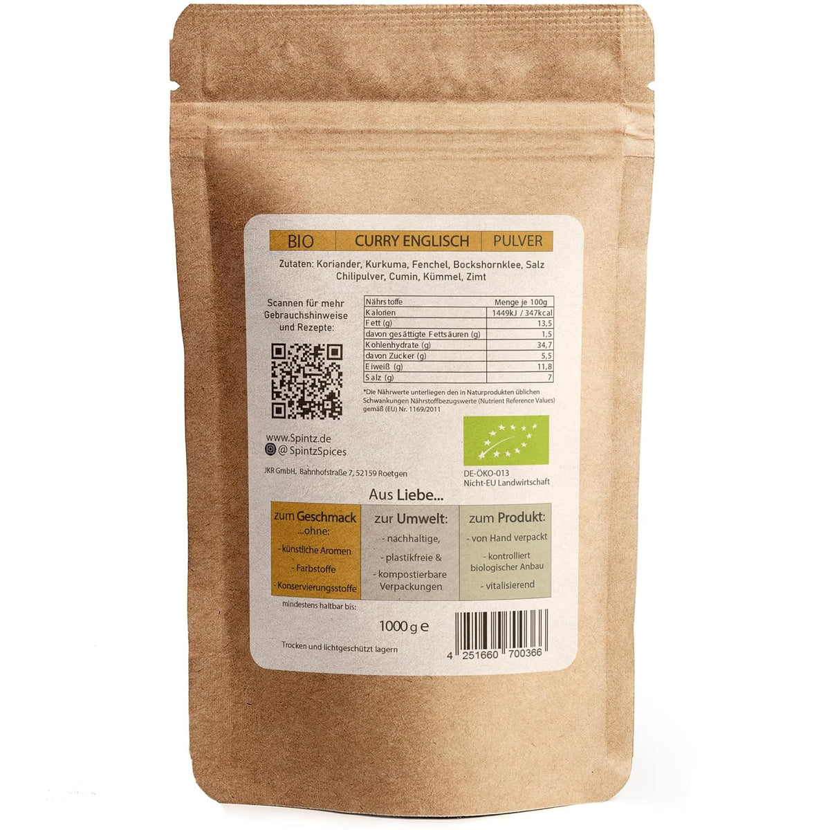 Rückseite der SPINTZ Bio Curry Verpackung mit Nährwertangaben, Bio-Siegel und Herstellerinformationen