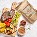 SPINTZ Dänisches Rauchsalz auf gegrilltem Gemüse und Steak – naturbelassenes Meersalz mit intensiv rauchigem Aroma