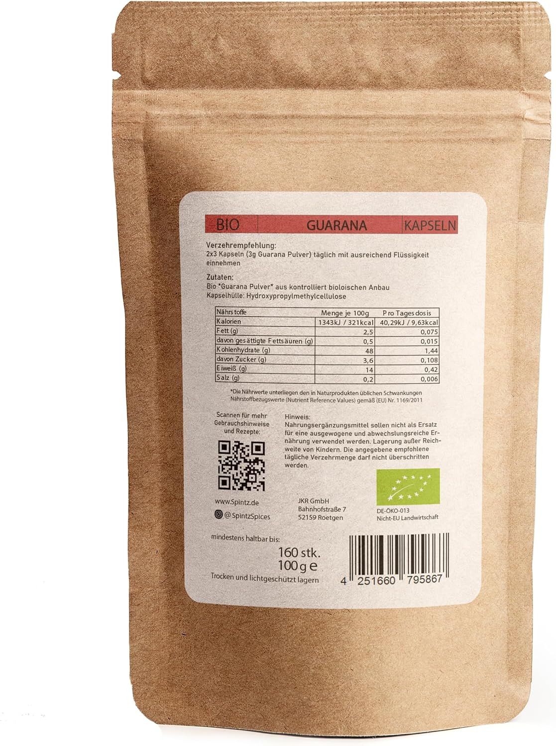 Rückseite der SPINTZ Guarana Kapseln Verpackung mit Nährwertangaben, Inhaltsstoffen und Bio-Zertifizierung