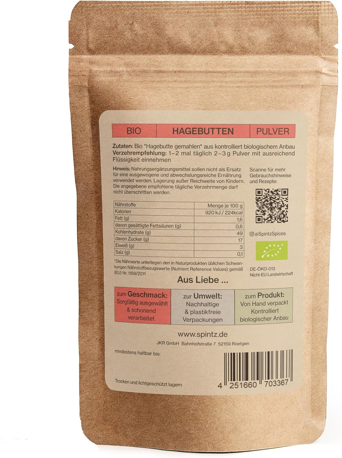 Rückseite des SPINTZ Bio Hagebutten Pulvers – Nährwerte, Anwendung und nachhaltige Verpackungsdetails