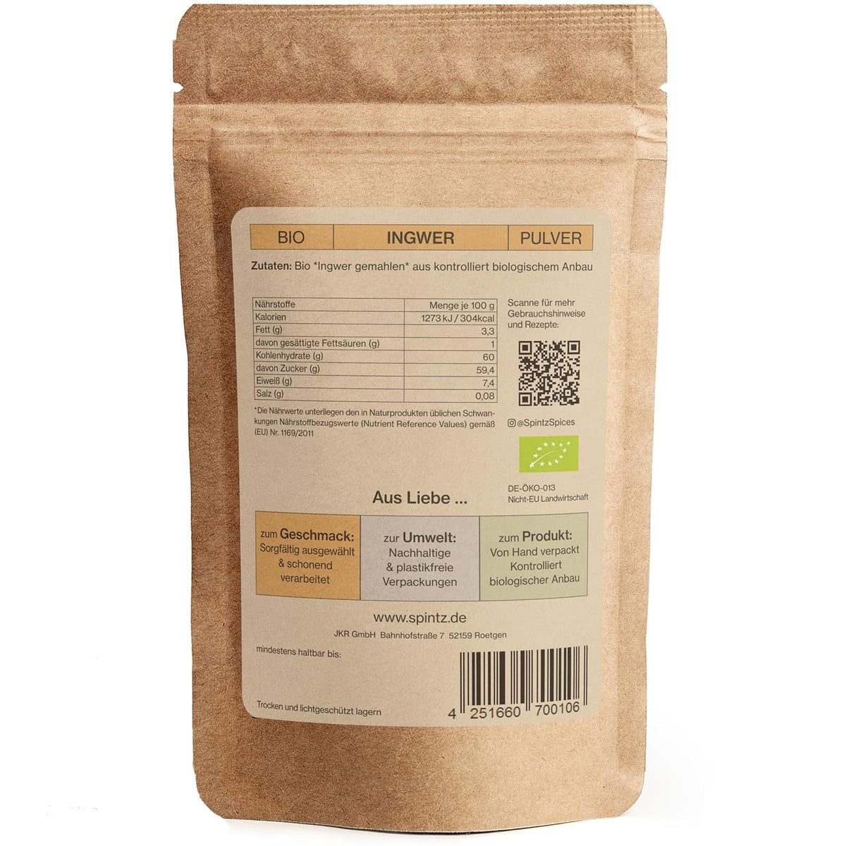 Rückseite der SPINTZ Bio Ingwer Verpackung mit Nährwerttabelle, Bio-Zertifikat und Herstellerangaben