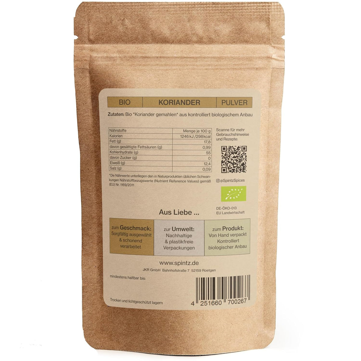 Rückseite der SPINTZ Bio Koriander Verpackung mit Zutaten, Nährwerten und Bio-Zertifikat