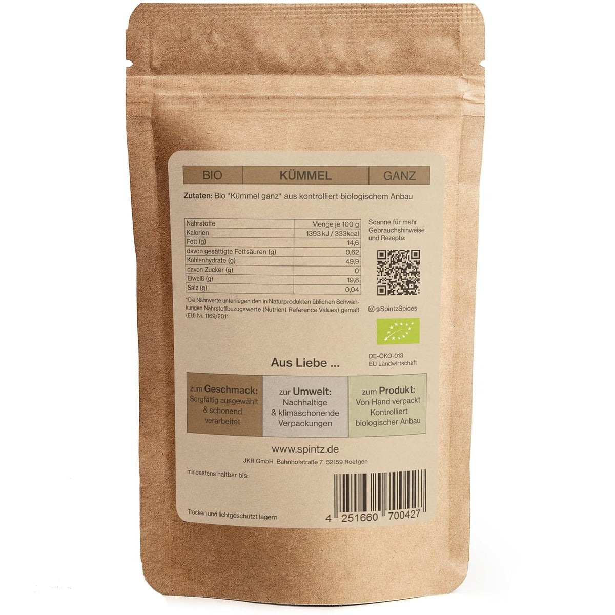 Rückseite der SPINTZ Bio Kümmel Verpackung mit Nährwertangaben, Bio-Siegel und Herstellerdaten