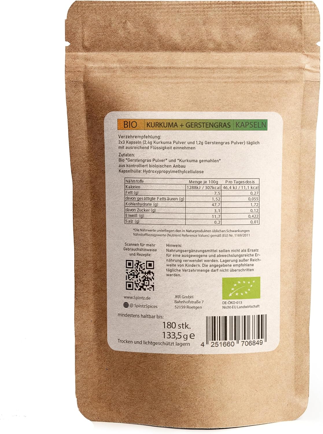Rückseite der SPINTZ Kurkuma & Gerstengras Kapseln mit Inhaltsstoffen, Verzehrempfehlung und Bio-Zertifizierung