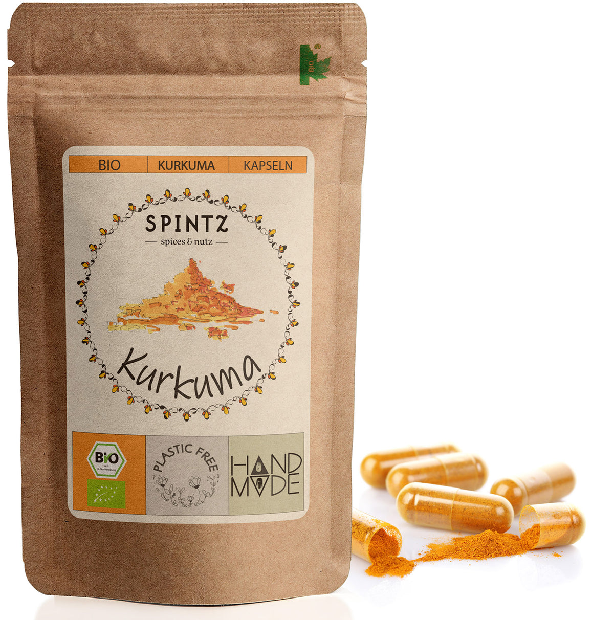 SPINTZ Bio Kurkuma Kapseln im plastikfreien Doypack – handverpackt, hochwertig und nachhaltig produziert
