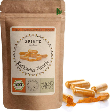 SPINTZ Bio Kurkuma Piperin Kapseln im nachhaltigen Doypack – mit schwarzem Pfeffer zur besseren Aufnahme von Curcumin, handverpackt und vegan