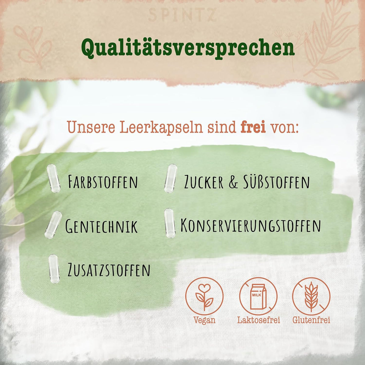SPINTZ Qualitätsversprechen – Leerkapseln frei von Farb-, Zucker- und Konservierungsstoffen, vegan und laborgeprüft