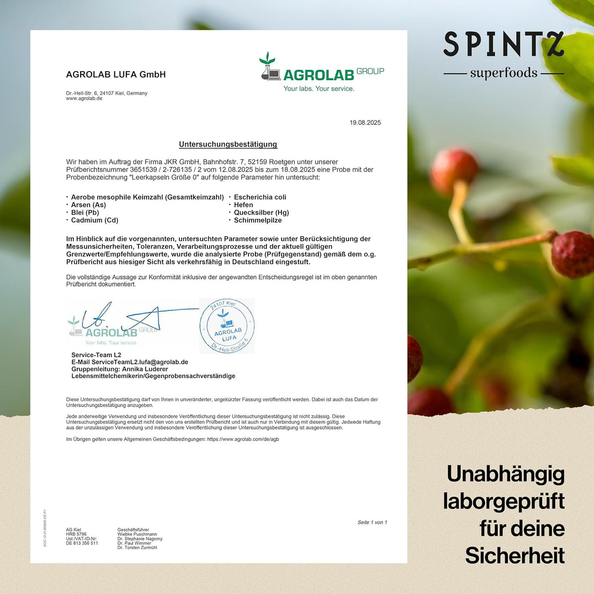 Unabhängige Laborprüfung durch AGROLAB – geprüfte Reinheit und Sicherheit der veganen SPINTZ Leerkapseln
