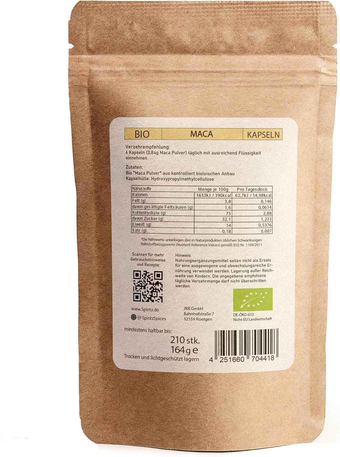 Rückseite der SPINTZ Maca Kapseln Verpackung mit Inhaltsstoffen, Herkunft und Bio-Zertifizierung