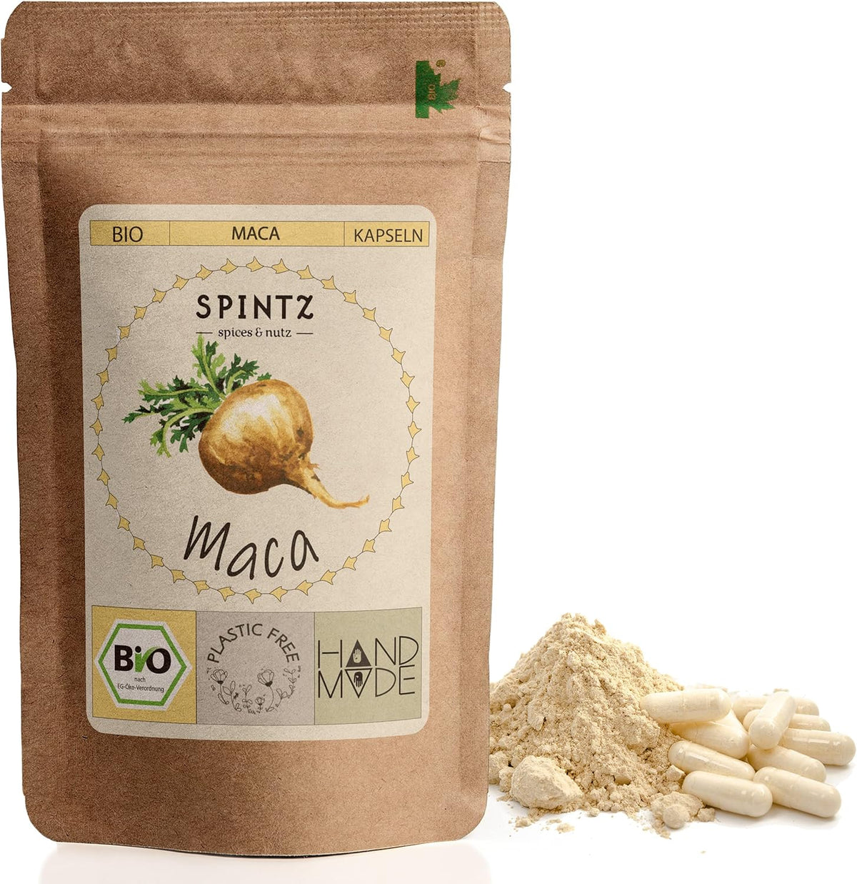 SPINTZ Maca Kapseln im umweltfreundlichen Doypack mit Bio-Siegel – hochwertige vegane Kapseln aus natürlichem Maca-Pulver