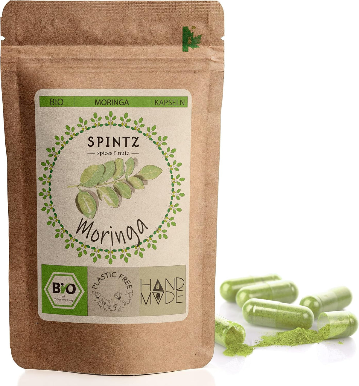 SPINTZ Bio Moringa Kapseln im nachhaltigen Doypack – naturreines Moringa-Blattpulver aus kontrolliert biologischem Anbau, vegan und handverpackt