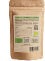 Rückseite des SPINTZ Bio Moringa Pulvers – Zutaten, Nährwerte und nachhaltige Produktinformationen