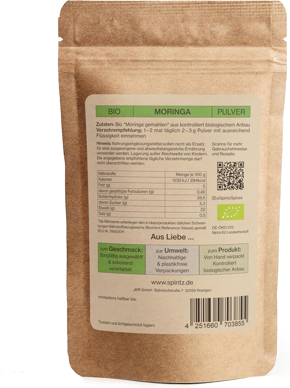 Rückseite des SPINTZ Bio Moringa Pulvers – Zutaten, Nährwerte und nachhaltige Produktinformationen