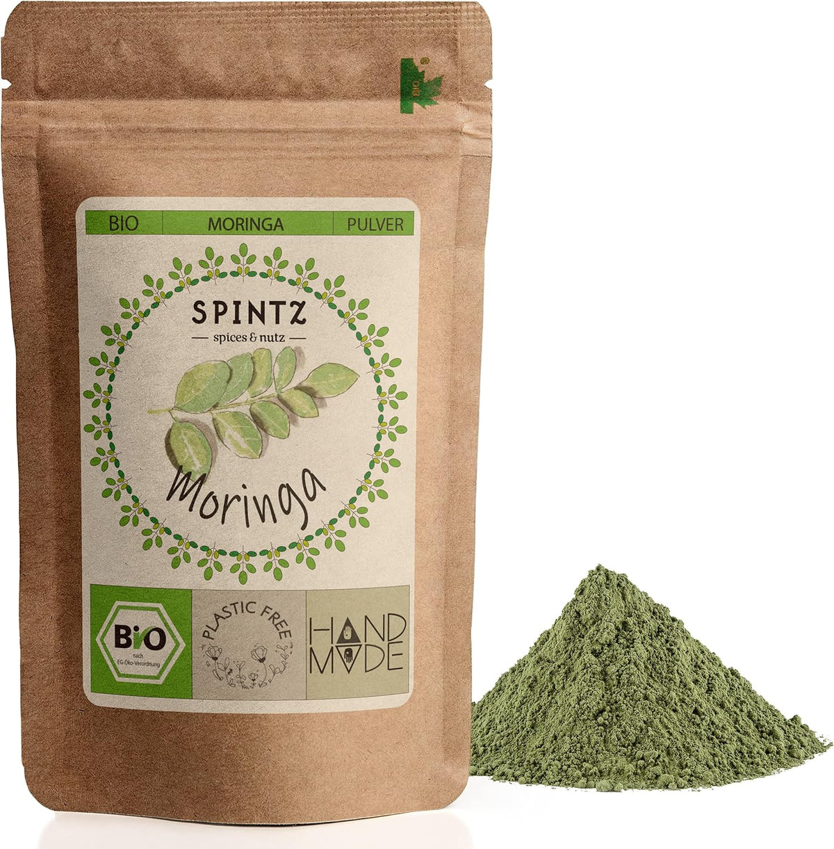 SPINTZ Bio Moringa Pulver im nachhaltigen Doypack – fein gemahlen, roh, vegan und aus kontrolliert biologischem Anbau