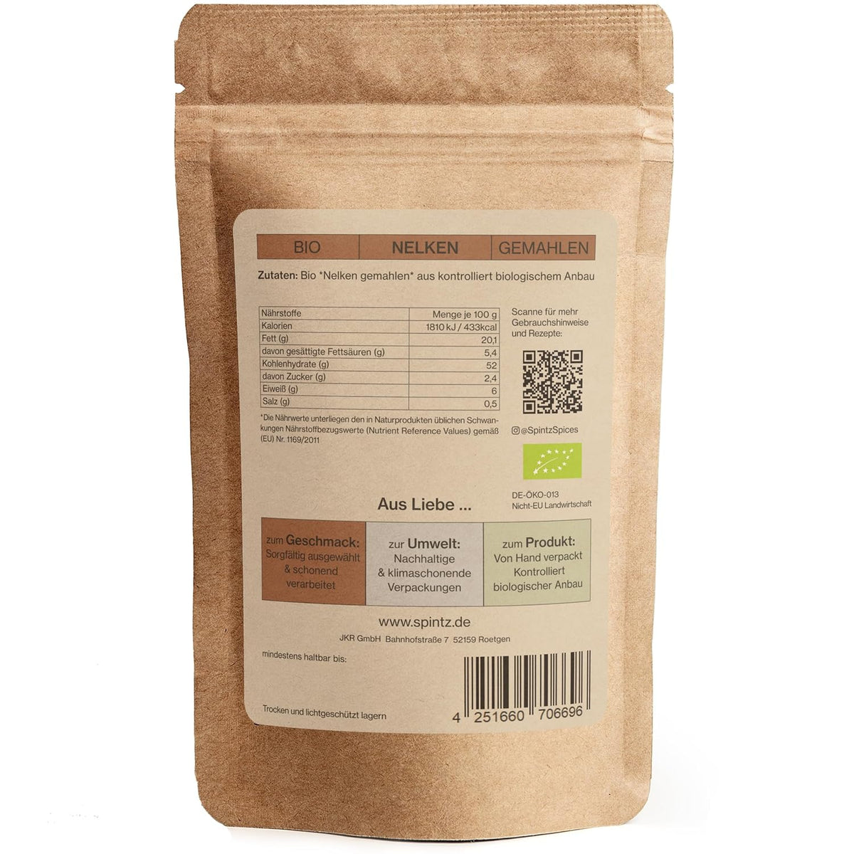Rückseite der SPINTZ Bio Nelken gemahlen Verpackung mit Zutaten, Nährwertangaben und Bio-Siegel