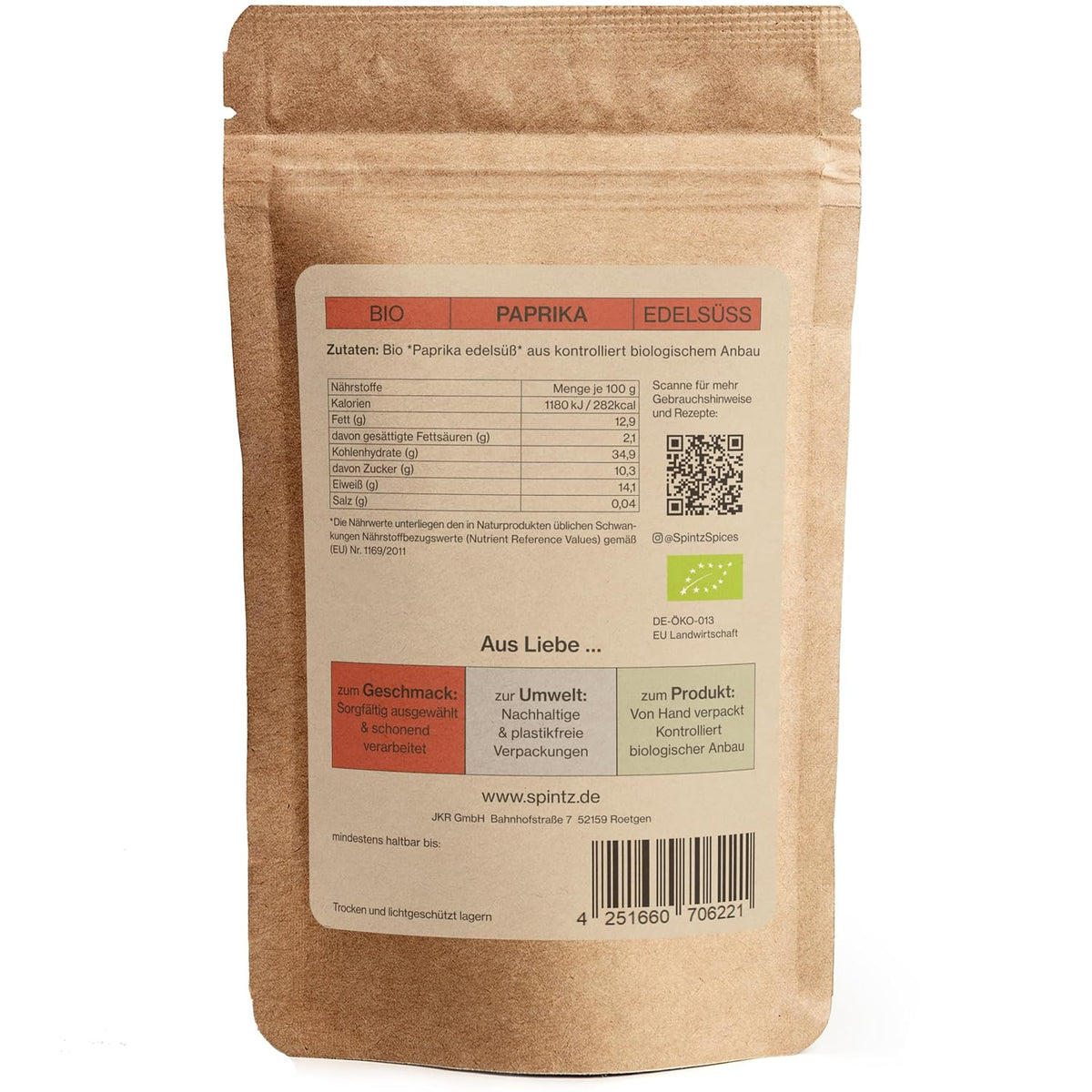 Rückseite der SPINTZ Bio Paprika Verpackung mit Bio-Kontrollstelle, Zutaten und Nährwertangaben