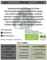 Rückseite der SPINTZ Bio Pfeffer Verpackung mit Bio-Zertifizierung, Nährwertangaben und Herstelleradresse