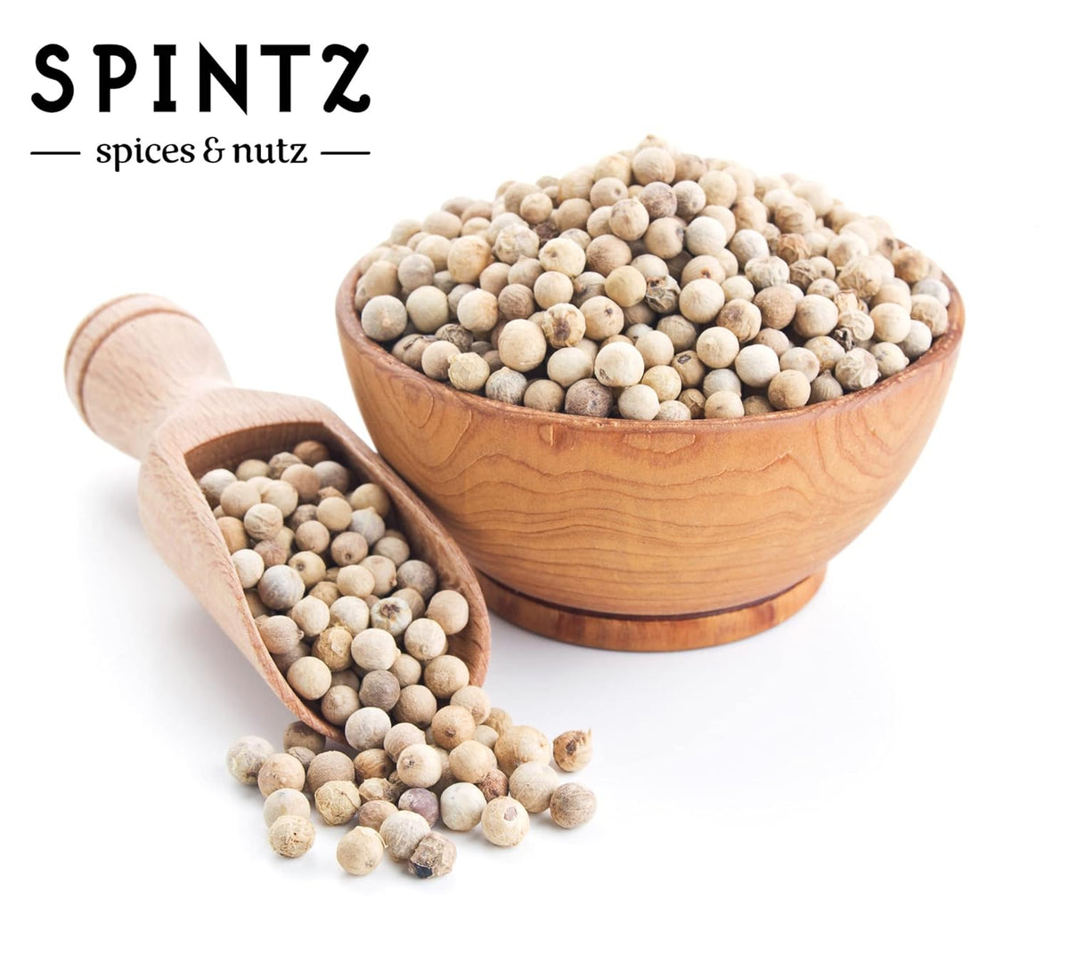 SPINTZ Bio Weißer Pfeffer in Holzschale und Holzlöffel – ganze Pfefferkörner mit mild-scharfem Aroma
