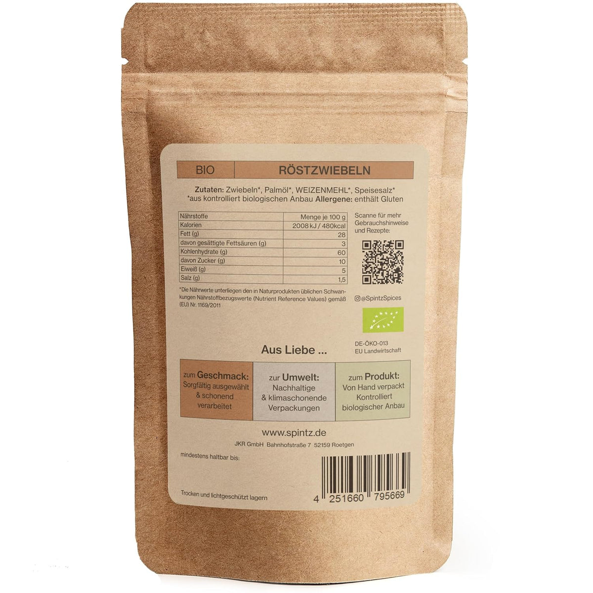 Rückseite des SPINTZ Bio Röstzwiebeln Doypacks – Zutaten, Nährwerte und nachhaltige Verpackungsinformationen