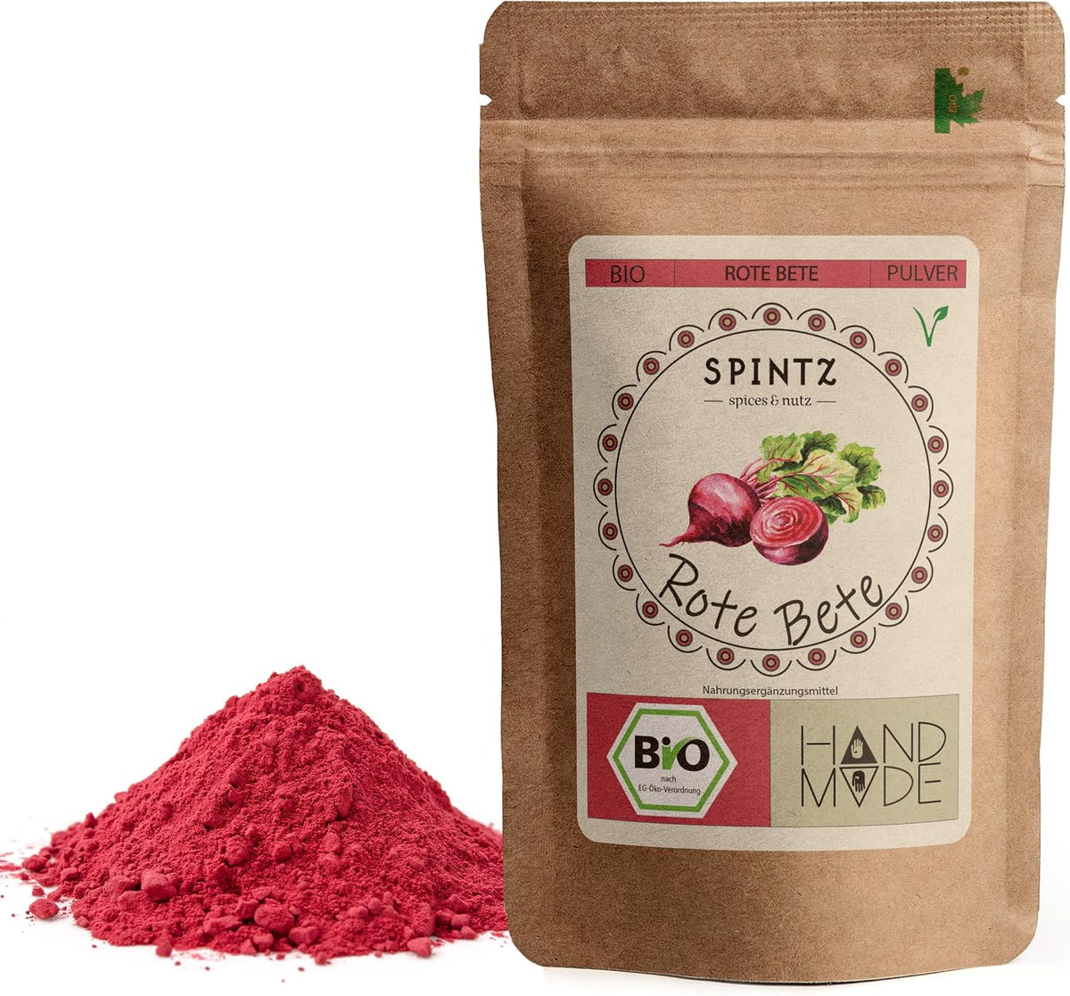 SPINTZ Bio Rote Beete Pulver im nachhaltigen Doypack – fein vermahlen, natürlich rot, vegan und handverpackt