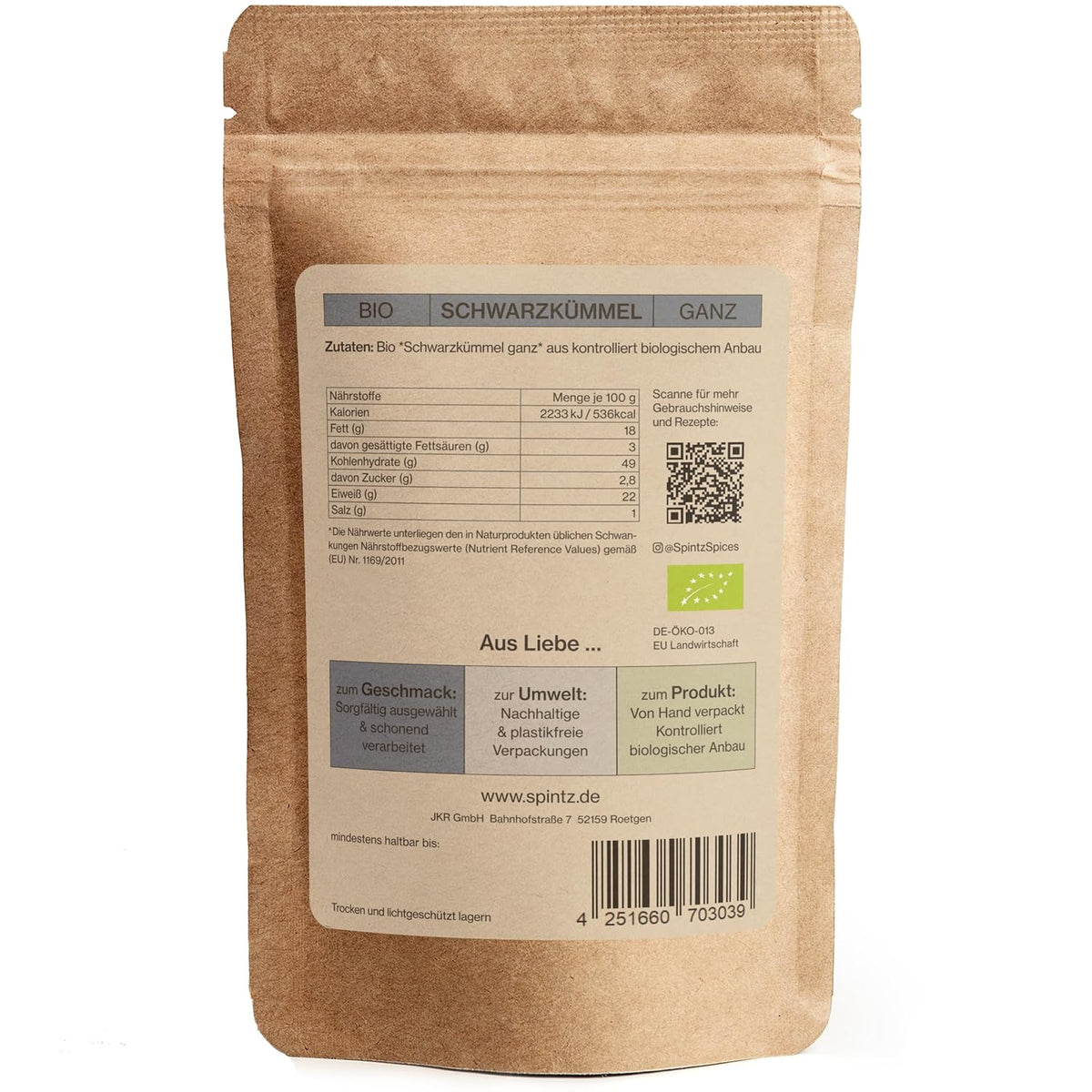 Rückseite der SPINTZ Bio Schwarzkümmel Verpackung mit Bio-Siegel, Nährwertangaben und Herstelleradresse