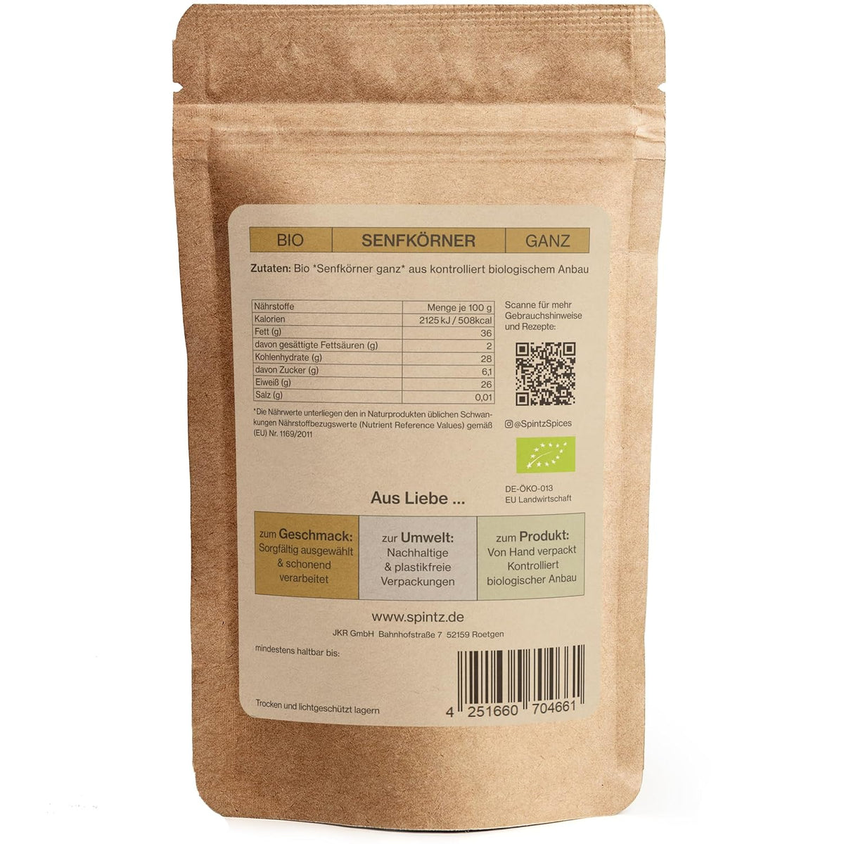 Rückseite der SPINTZ Bio Senfkörner Verpackung mit Zutaten, Nährwerttabelle und Bio-Kontrollstelle