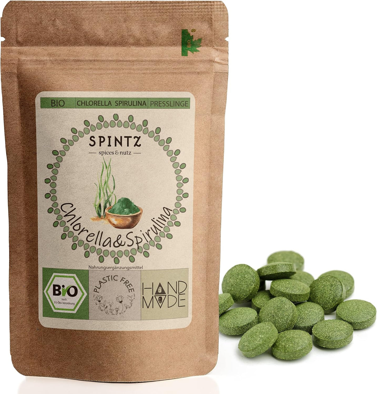 SPINTZ Bio Chlorella Presslinge im plastikfreien Doypack – handverpackt, nährstoffreich und aus nachhaltigem Anbau