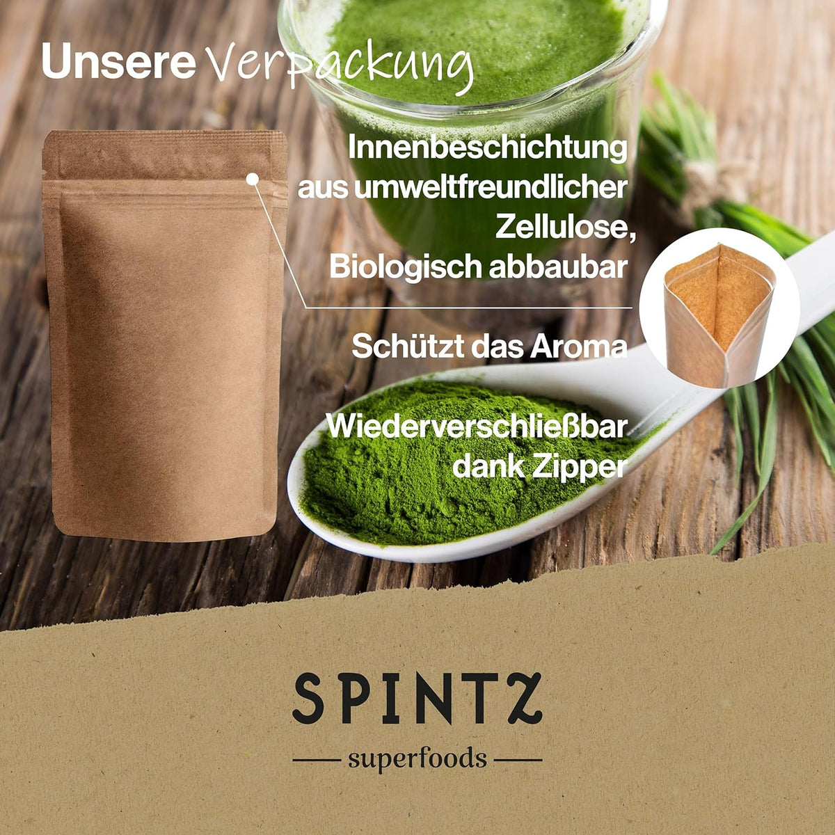Bio-Verpackung von SPINTZ Superfoods mit nachhaltiger Zellulose-Innenbeschichtung, wiederverschließbarem Zipper und aromaschützendem Beutel – dargestellt vor frischem grünem Pulver als hochwertiges, umweltfreundliches Produktbild