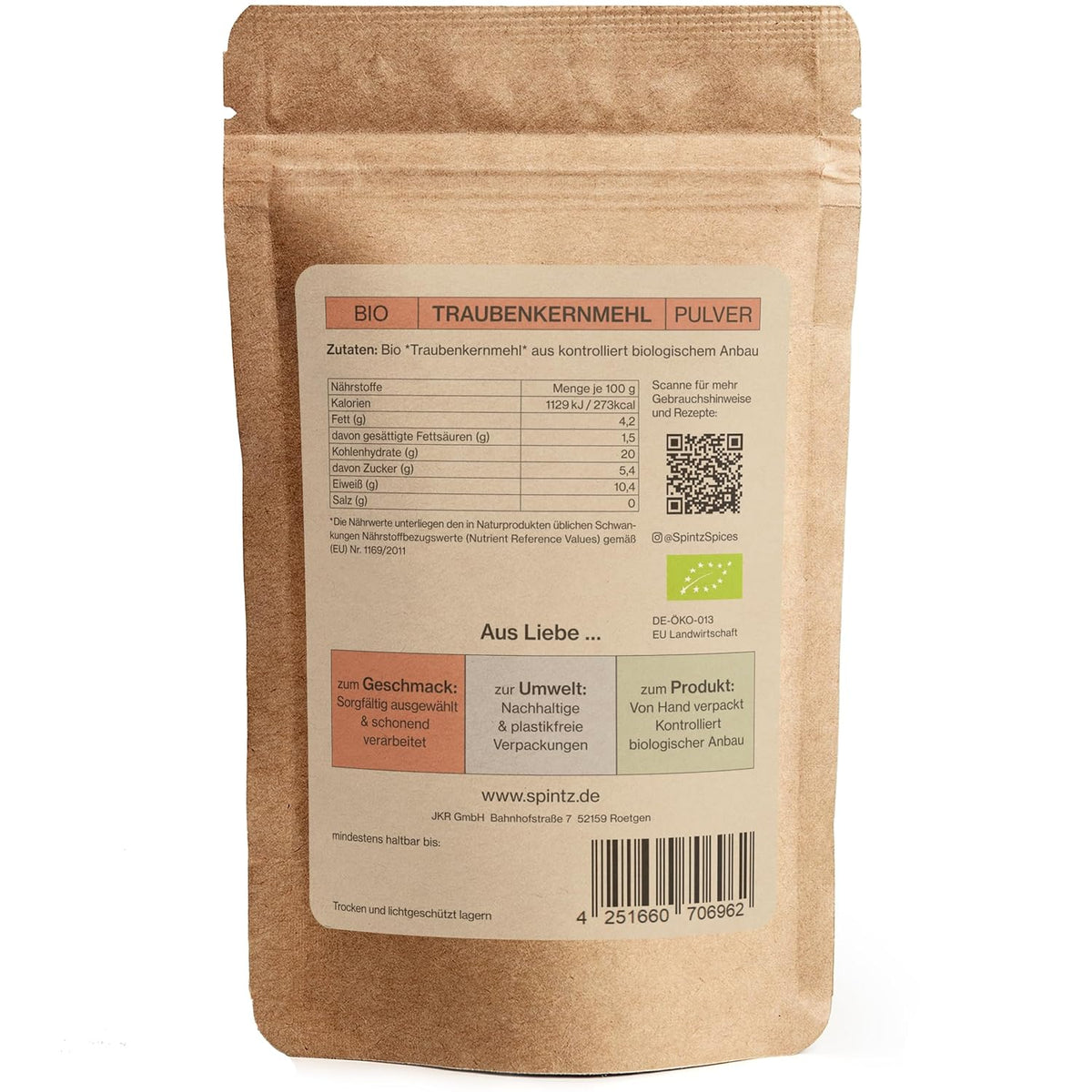 Rückseite der SPINTZ Traubenkernmehl Verpackung mit Produktdetails, Anwendung und Bio-Zertifizierung