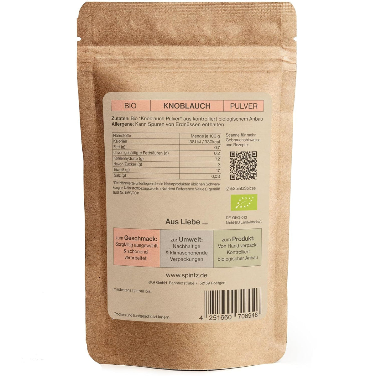 Rückseite der SPINTZ Bio Knoblauchpulver Verpackung mit Zutaten, Nährwertangaben und Bio-Siegel