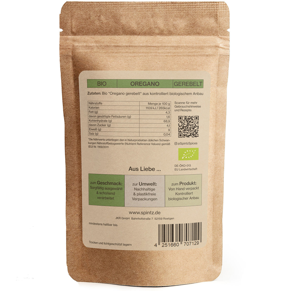 Rueckseite von Spintz Bio-Oregano im kartonfarbenen, plastikfreien Doypack vor weissem Hintergrund
