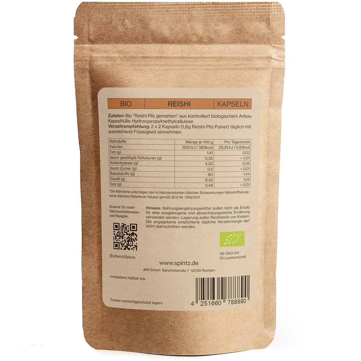 Rückseite der SPINTZ Reishi Kapseln Verpackung mit Produktinformationen, Nährwerten und Bio-Kontrollstelle
