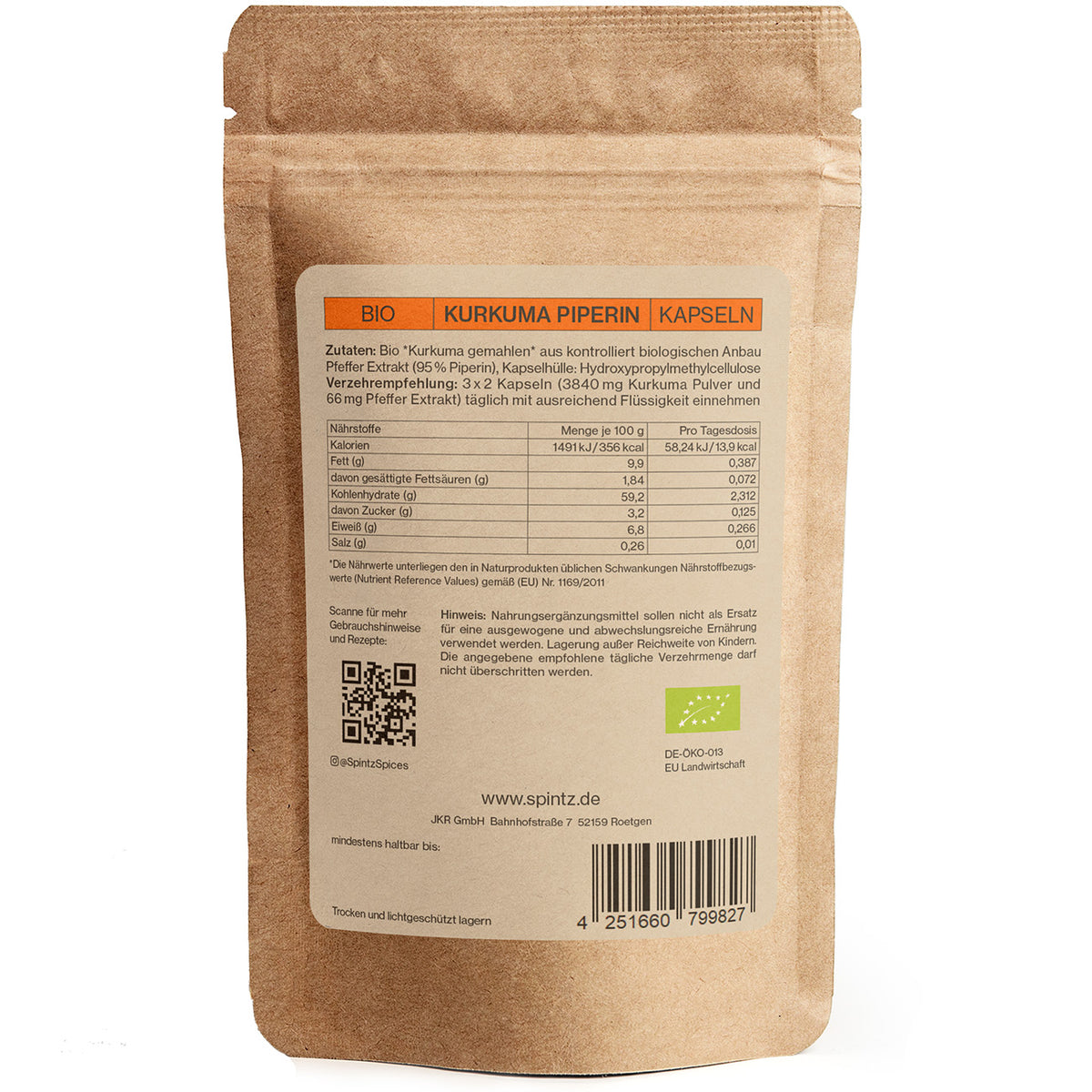 Rückseite der SPINTZ Bio Kurkuma Piperin Kapseln – Zutaten, Nährwertangaben und nachhaltige Kraftpapierverpackung