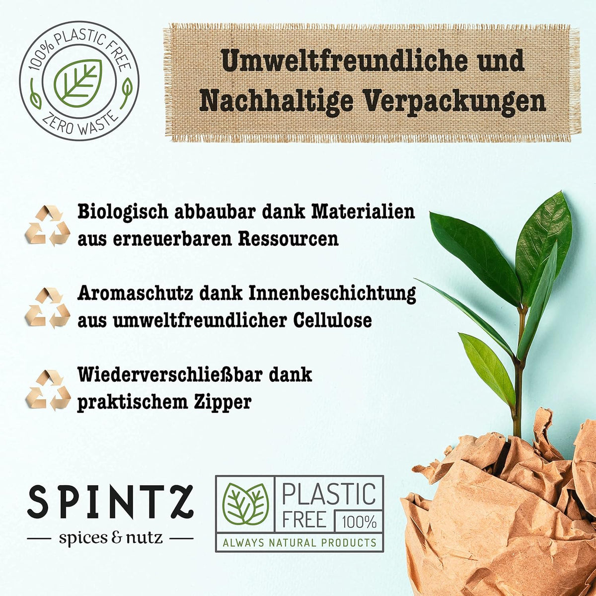 Umweltfreundliche SPINTZ Verpackung aus plastikfreien, biologisch abbaubaren Materialien mit Cellulose-Aromaschutz und wiederverschließbarem Zipper, dargestellt mit Recycling-Icons und Pflanzenmotiv