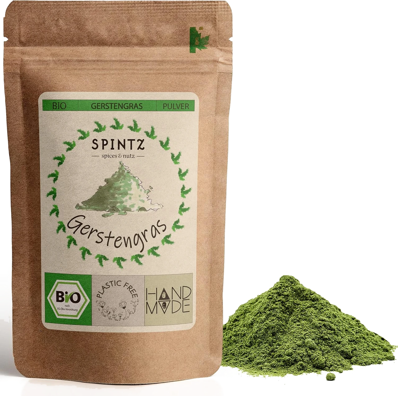 SPINTZ Bio Gerstengraspulver im Kraftpapierbeutel mit grünem Pulver